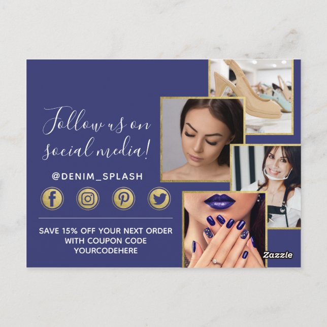 Cartão Postal Obrigado Blue Paint Stroke e Dourada 4 fotos (Verso)