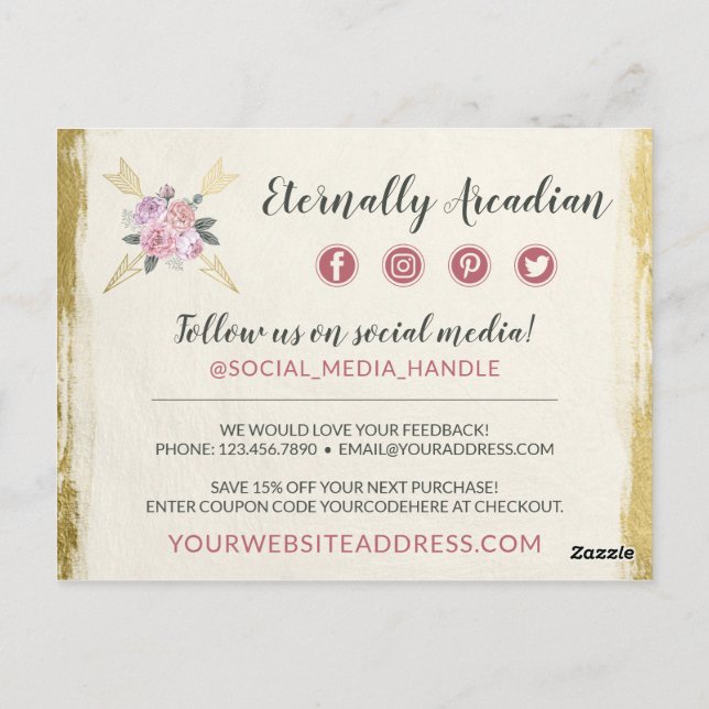 Cartão Postal Obrigado Bohemian Floral Arrows Blush Dourado (Verso)