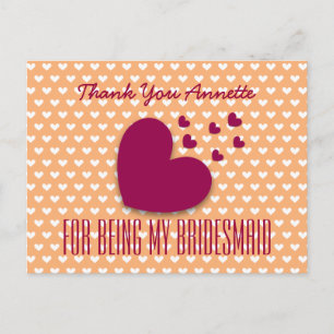 Cartão Postal OBRIGADO Bridesmaid Corações Vermelhos Fundo Coral