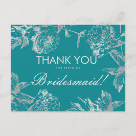 Cartão Postal Obrigado Bridesmaid Silver Teal Simples Floral