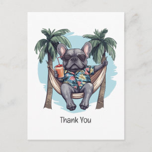 Cartão Postal Obrigado Bulldog Francês em Topo Havaiano