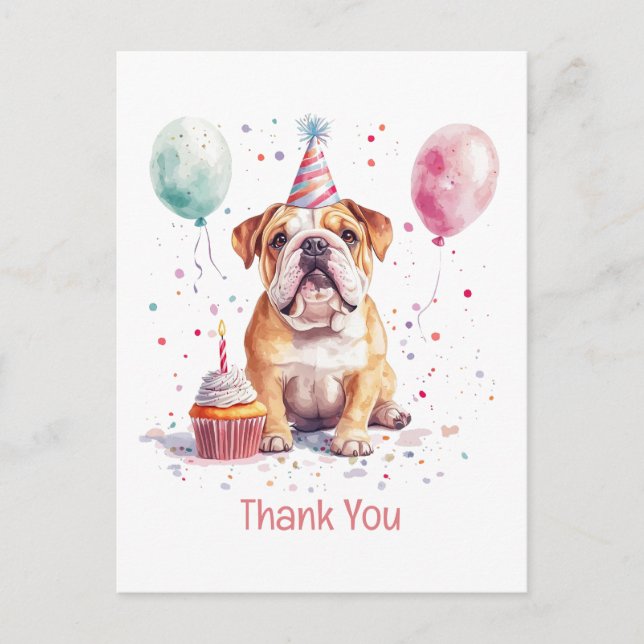 Cartão Postal Obrigado Bulldog Inglês de Aniversário (Frente)