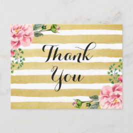 Cartão Postal Obrigado Calliografia Script Dourado Floral Strips
