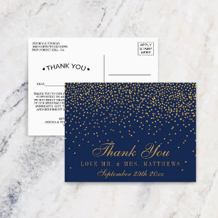 Cartão Postal Obrigado Casamento Azul Marinho & Confete Dourado