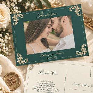 Cartão Postal Obrigado Casamento Barroco Ouro Verde Esmeralda