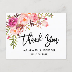 Cartão Postal Obrigado Casamento Floral Rosa Script Pincel