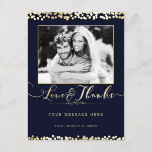 Cartão Postal Obrigado Casamento Foto Confete Azul e Dourado