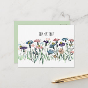 Cartão Postal Obrigado Centáureas Abelhas Jardim Flor