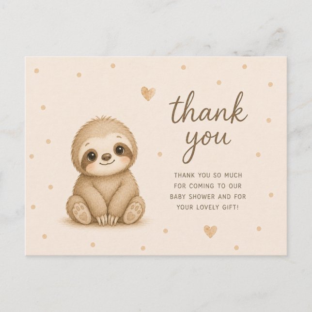 Cartão Postal Obrigado Chá de Bebê Sloth Bebê (Frente)