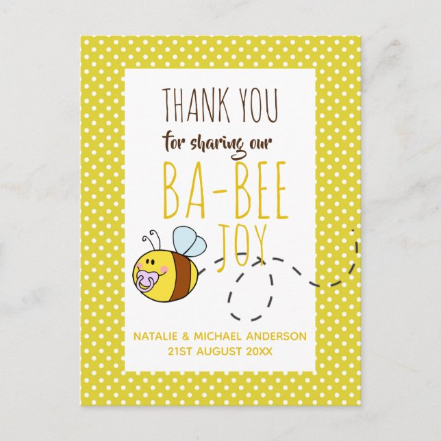 Cartão Postal Obrigado Chá de fraldas BA-BEE Amarelo Polkadot (Frente)