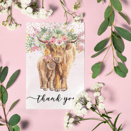 Cartão Postal Obrigado Chá de fraldas Highland Cow Pink