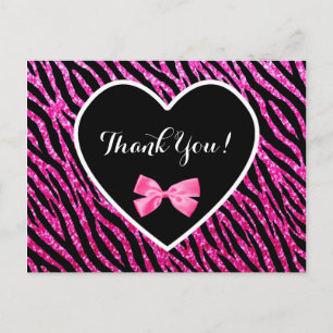 Cartão Postal Obrigado coração Glam preto cor-de-rosa do Glitz
