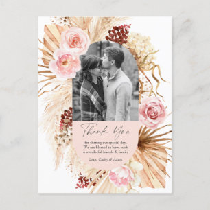Cartão Postal Obrigado de Casamento Floral de Foto Boho Pampas R