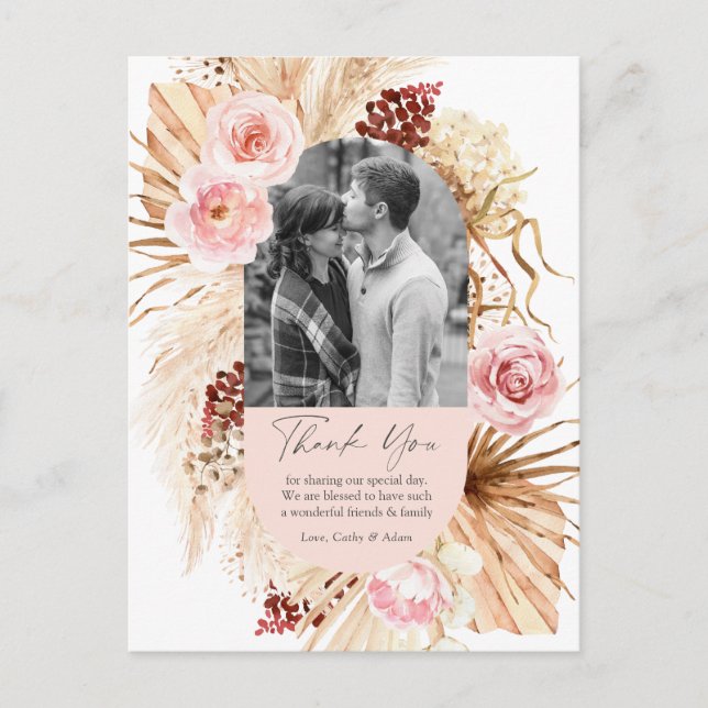 Cartão Postal Obrigado de Casamento Floral de Foto Boho Pampas R (Frente)