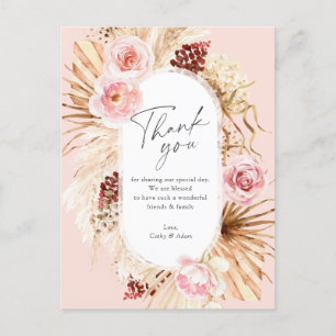 Cartão Postal Obrigado de Casamento Floral de Grama-Rosa-Blush B
