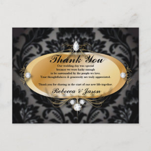 Cartão Postal Obrigado de casamento tema damasco preto Dourado e