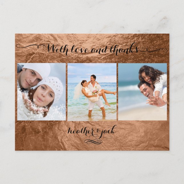 Cartão Postal Obrigado de fotos de cobre/casamento do PixDezines (Frente)