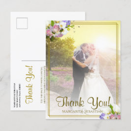 Cartão Postal Obrigado Dourado floral Pastel do casamento do