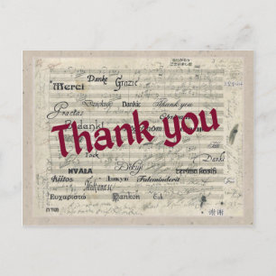 Cartão Postal Obrigado em muitas línguas na pontuação de Beethov