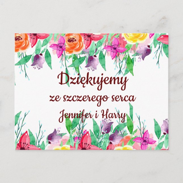 Cartão Postal Obrigado em polonês Dziękuję Polônia Presente Em p (Frente)
