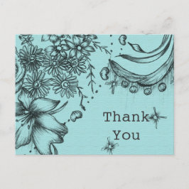 Cartão Postal Obrigado floral azul e preto estilo Vintage