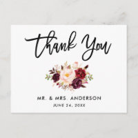Obrigado Floral Casamento Script Pincel Borgonha
