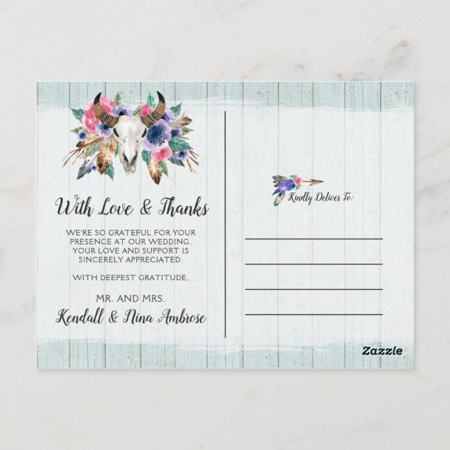 Cartão Postal Obrigado Floral Rústico Crânio de Vaca Foto Boho C (Verso)