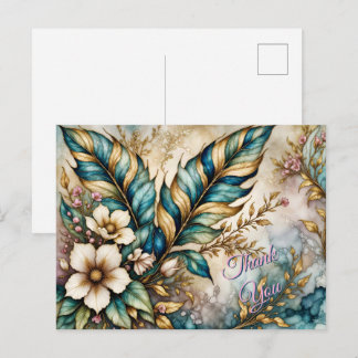 Cartão Postal OBRIGADO! Folhas Verde Azul, Floral Rosa sobre Dou