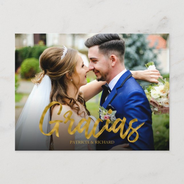 Cartão Postal Obrigado Fotografia Casamento Script Dourado Graci (Frente)