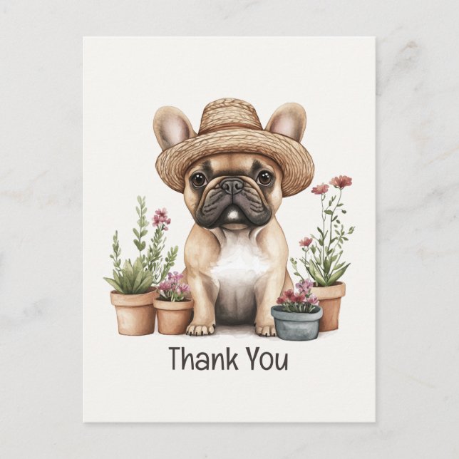 Cartão Postal Obrigado French Bulldog Jardineiro Vasos de Flores (Frente)