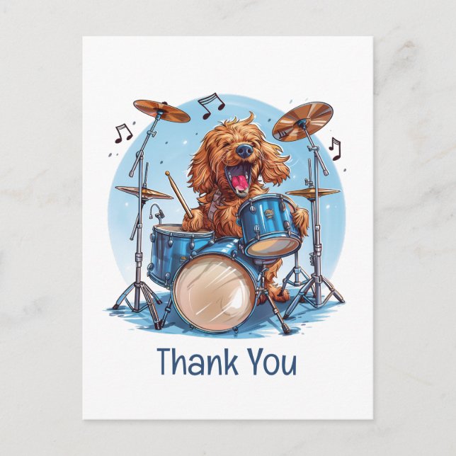 Cartão Postal Obrigado Goldendoodle Tocando Bateria (Frente)