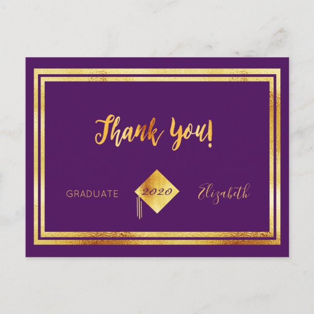 Cartão Postal Obrigado graduação ouro roxo (Frente)