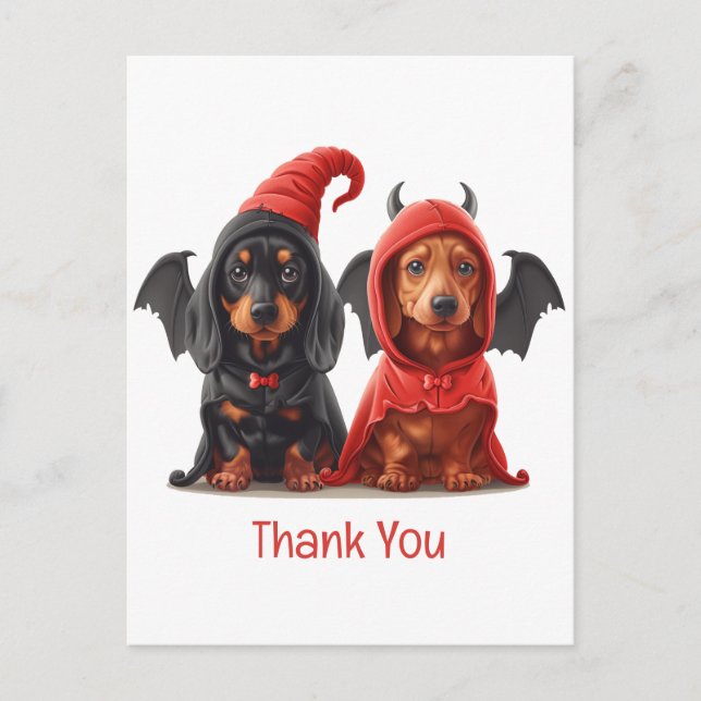 Cartão Postal Obrigado Halloween Dachshund Cães Morcego Diabo (Frente)