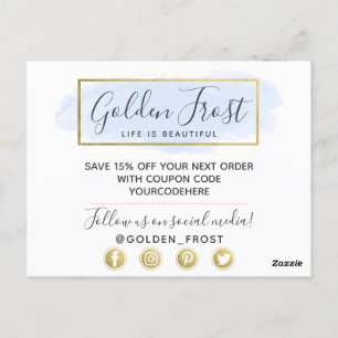 Cartão Postal Obrigado Light Blue Watercolor e Modern Dourado Ge