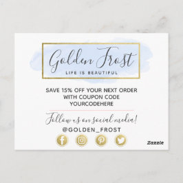 Cartão Postal Obrigado Light Blue Watercolor e Modern Dourado Ge
