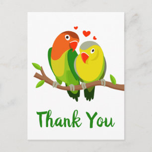 Cartão Postal Obrigado Lovebird Verde e Amarelo Casamento Aves