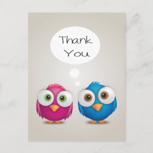 Cartão Postal Obrigado Lovebirds Rosa e Azul Pássaros de Casamen
