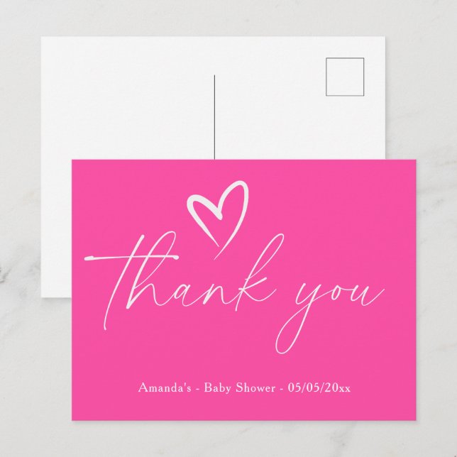 Cartão Postal Obrigado Minimalista Simples Chuveiro de Bebê Rosa (Frente/Verso)