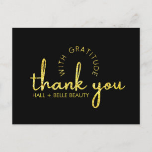 Cartão Postal Obrigado Moderno Script Dourado Brilho Preto Perso