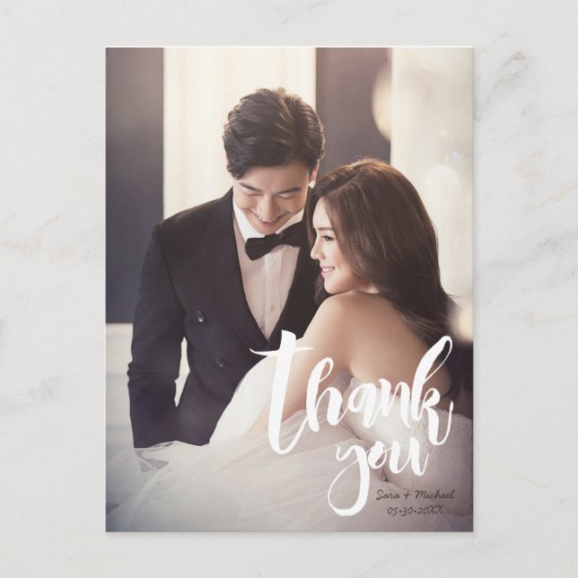 Cartão Postal Obrigado, Moderno, Script ・ Foto, Nomes e data (Frente)