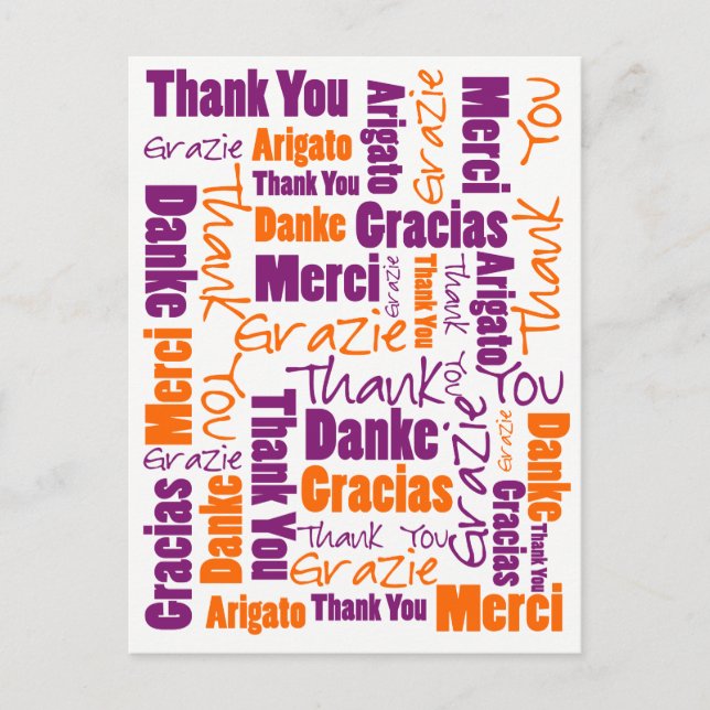 Cartão Postal Obrigado Multilíngue Roxo e Laranja (Frente)