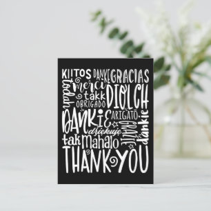 Cartão Postal Obrigado Múltiplos Idiomas Tipografia Branca Preto