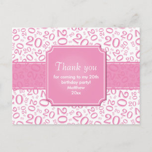 Cartão Postal Obrigado Número 20 Aniversário Padrão Rosa/Branco