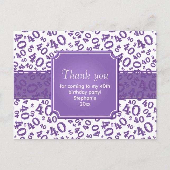 Cartão Postal Obrigado Padrão Numérico 40 Roxo/Branco (Frente)