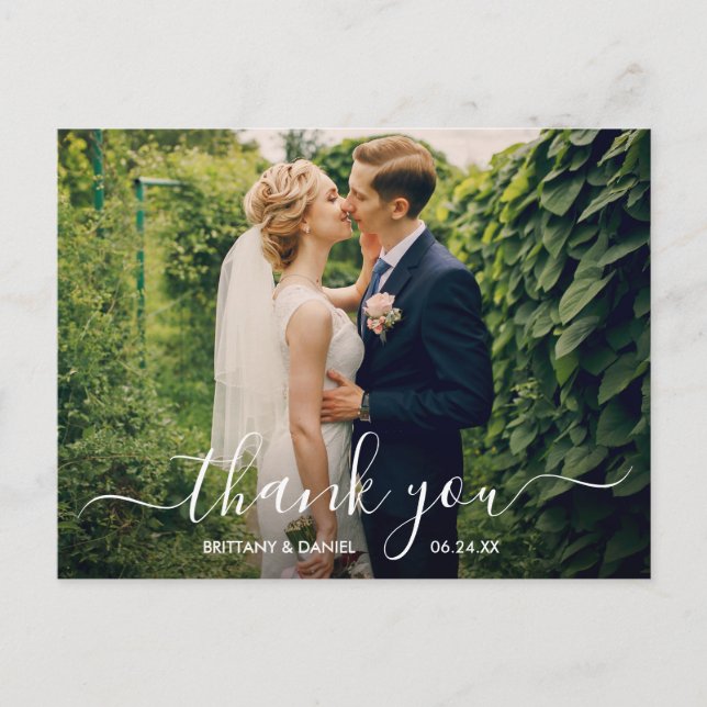 Cartão Postal Obrigado pela Foto de Casamento com Letra de Scrip (Frente)