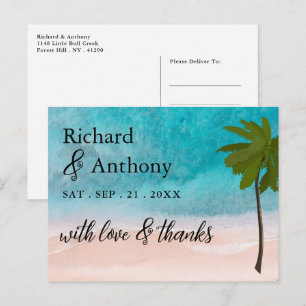 Cartão Postal Obrigado pelo Casamento na Praia com Palmeira