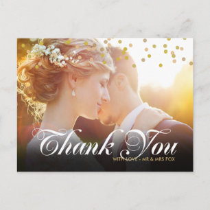 Cartão Postal Obrigado Personalizado Foto Confete Dourado Script