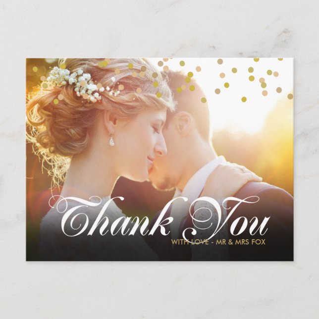Cartão Postal Obrigado Personalizado Foto Confete Dourado Script (Frente)