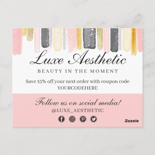 Cartão Postal Obrigado Pintor Cor-de-rosa e Dourado Cupão (Verso)