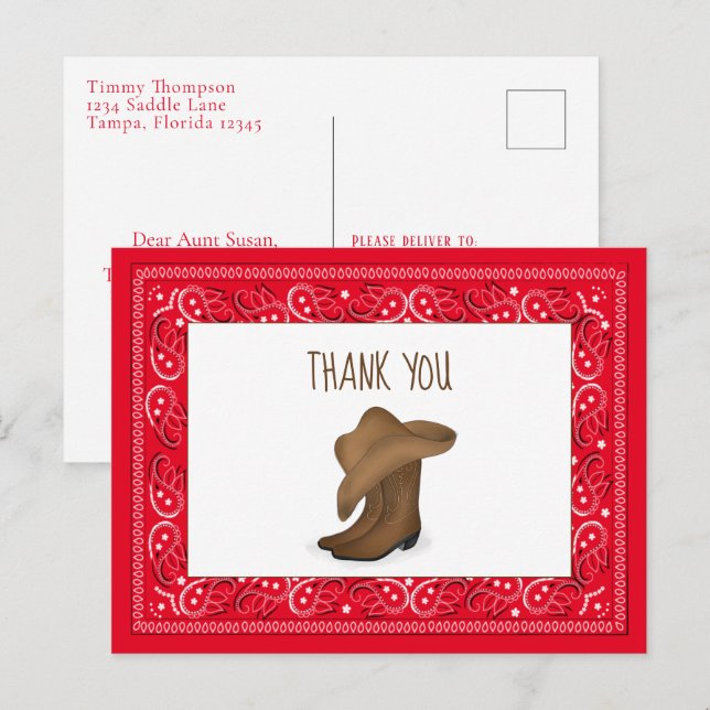 Cartão Postal Obrigado Red Bandana Cowboy Cute Hat and Boots (Frente/Verso)
